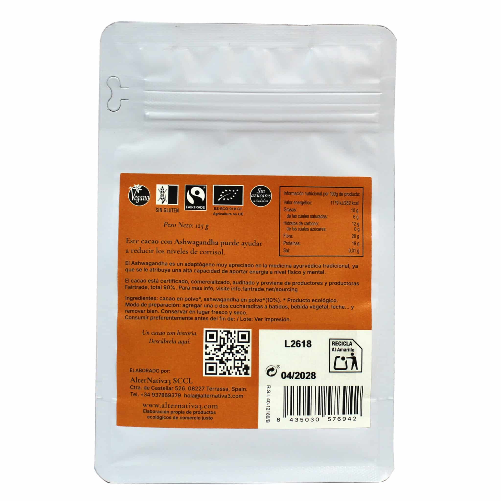Cacao con ashwagandha ecológico AlterNativa3 125 g