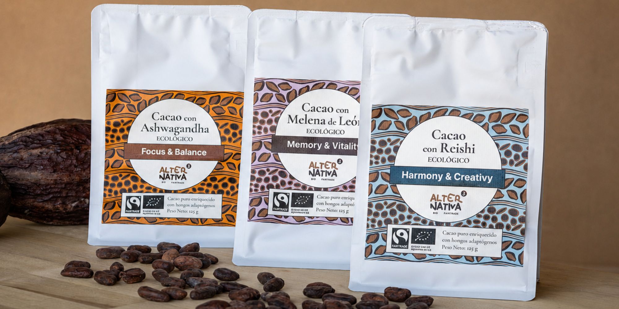 Cacaos funcionals ecològics d'AlterNativa3 amb ashwagandha, cabell d' lleó i reishi elaborats amb cacau pur de comerç just